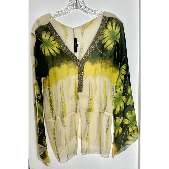 Anthropologie Single cream green flower leaf print flowy print tunic Sz S - Picture 1 of 4
